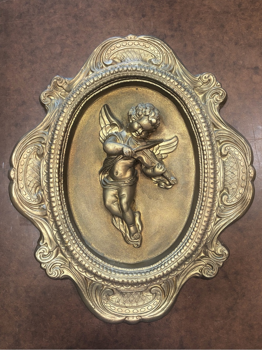 Vintage- 19" 💘 Hollywood Regency Gilded Cherub Wall Plaque - Violin